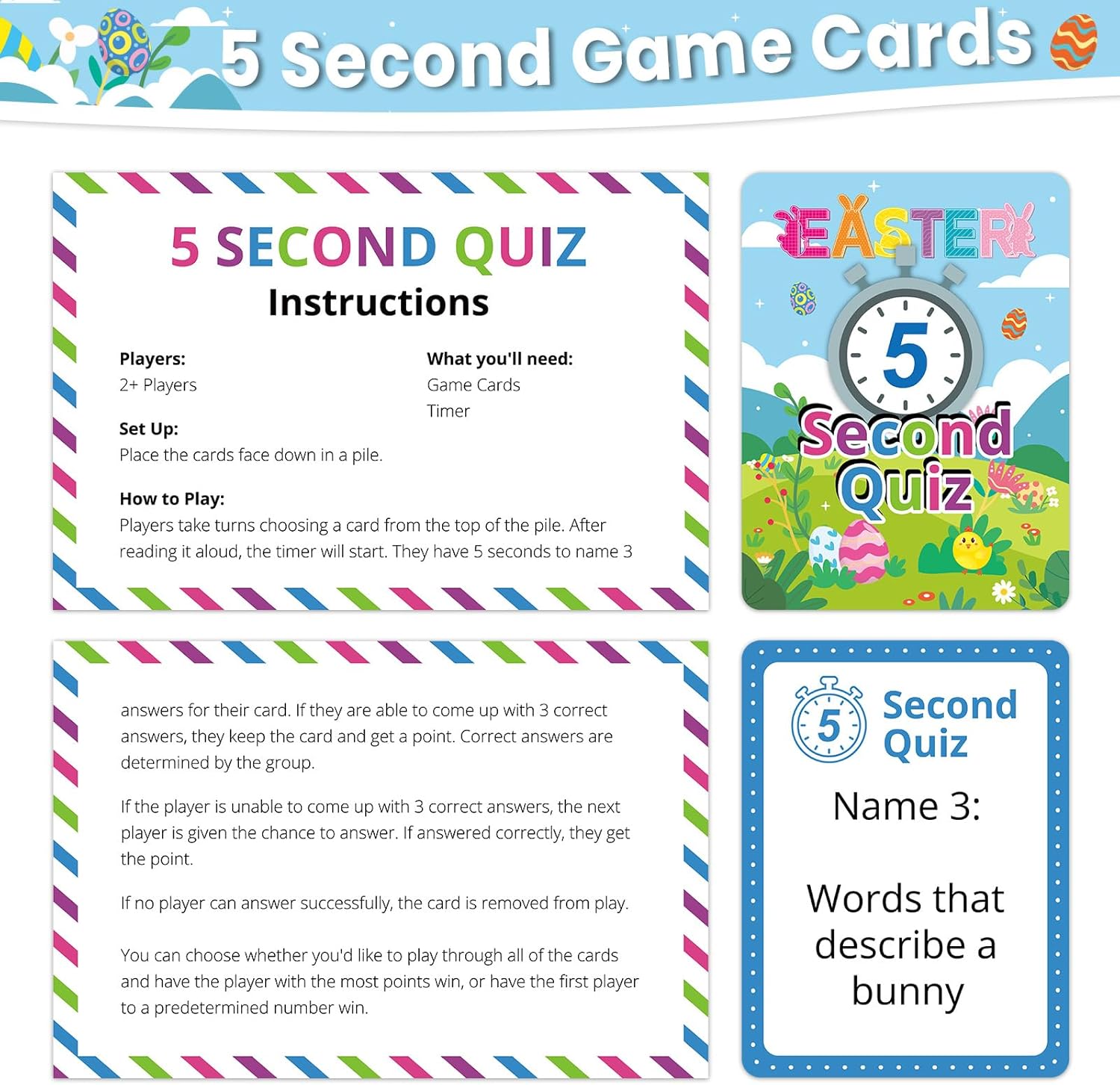 gisgfim 108 Pcs Easter Party 5 Second Game Simple Question Cards 5 Second Hourglass Question Card Games for Adults Family Party Fun Travel Game Night Sleepover Think Fast and Shout Out Answers