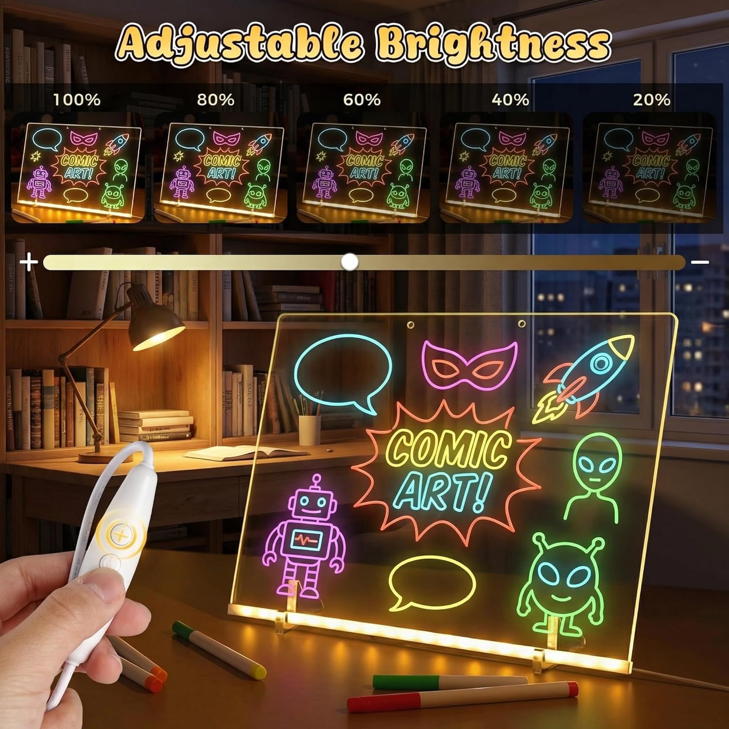 LED Drawing Board for Kids - 15.8” x 11.9”Inch, rasable Acrylic Doodle Pad,Chalkboards,with 7 Fluorescent Markers,Stand,4 Modes & 7 RGB Colors - Creative Fun & Christmas Gift for Grandkids