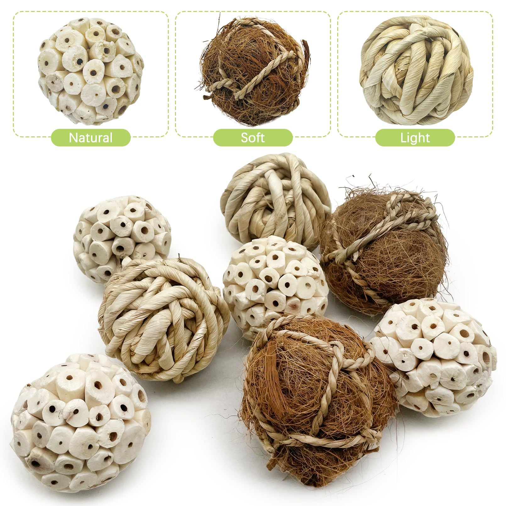 BNOSDM 8PCS Natural Bird Chew Toys Sola Balls Shred Toy Lightweight Conure Foot Toy Interactive Parrot Foraging Toys Bird Chew Balls with Hemp Rope Hook for Budgies Cockatiels Parakeets Senegal - image 3