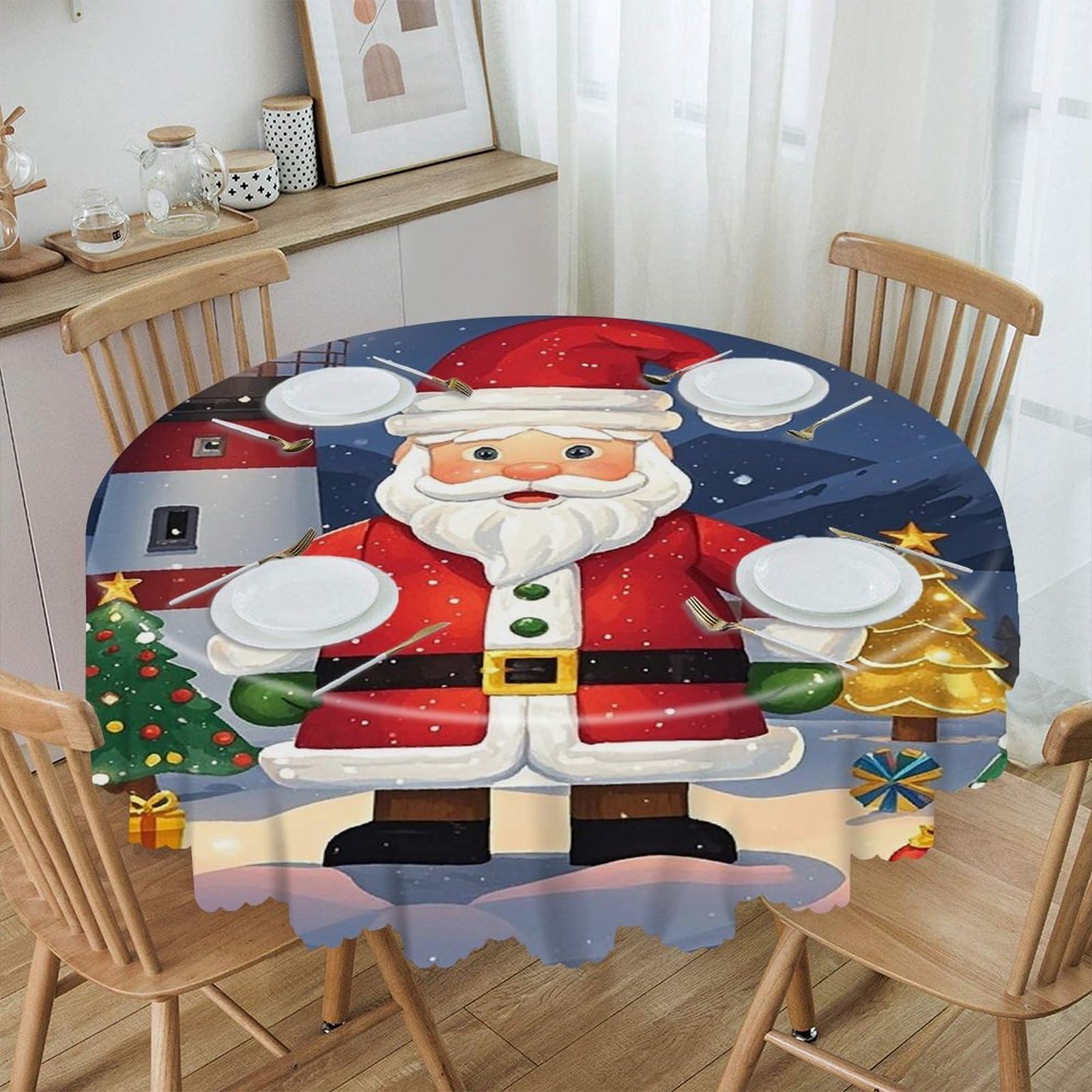FekiLoot Lighthouse Santa Round Tablecloths 60 Inch Resistant Washable Polyester Table Cloth Style Decorative Circle Fabric Table Cover for Dining Kitchen Party Farmhouse Outdoor
