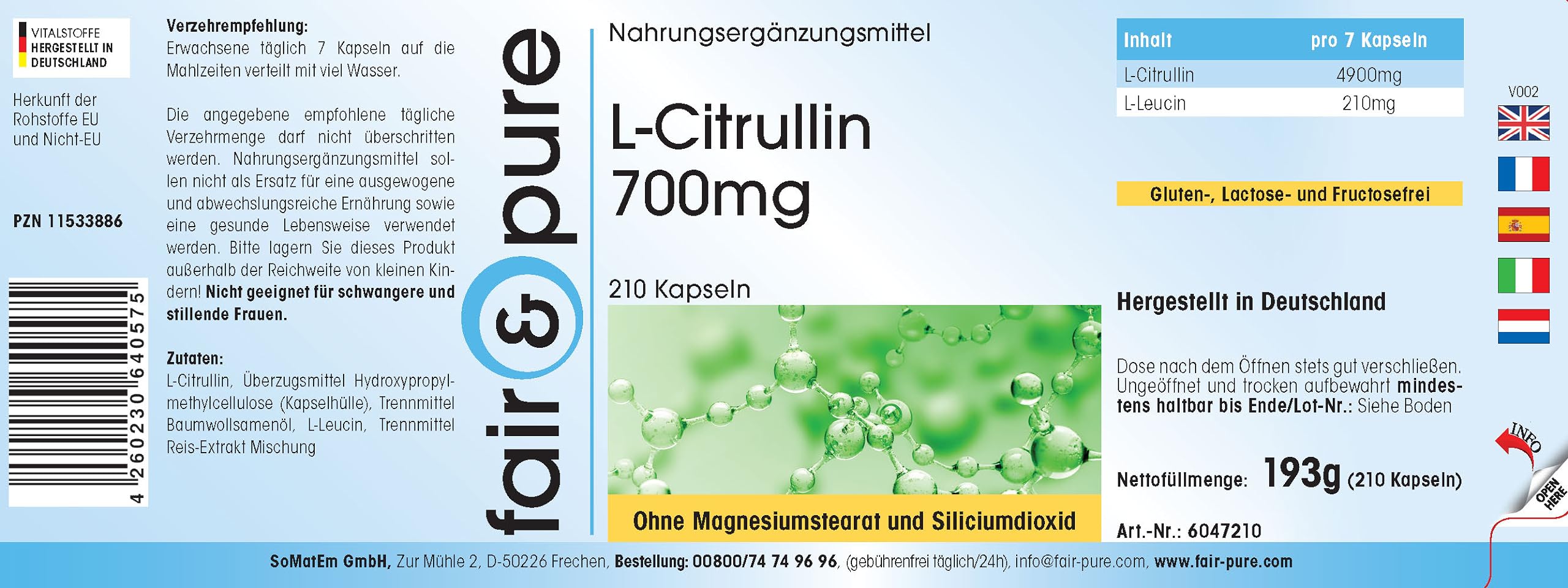 Fair & Pure® - L-Citrullina 700mg - Polvere in capsule - Vegan - 210 Capsule