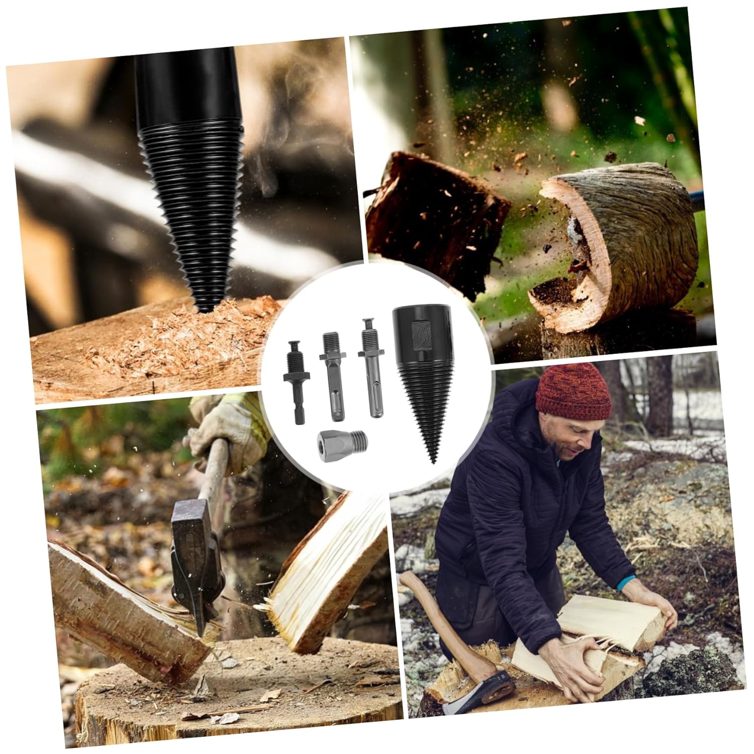 POPETPOP 4Pcs Electric Firewood Drill Bit Set Durable Wood Splitter Bits with Skid Design for Easy Firewood Chopping High Hardness Saving