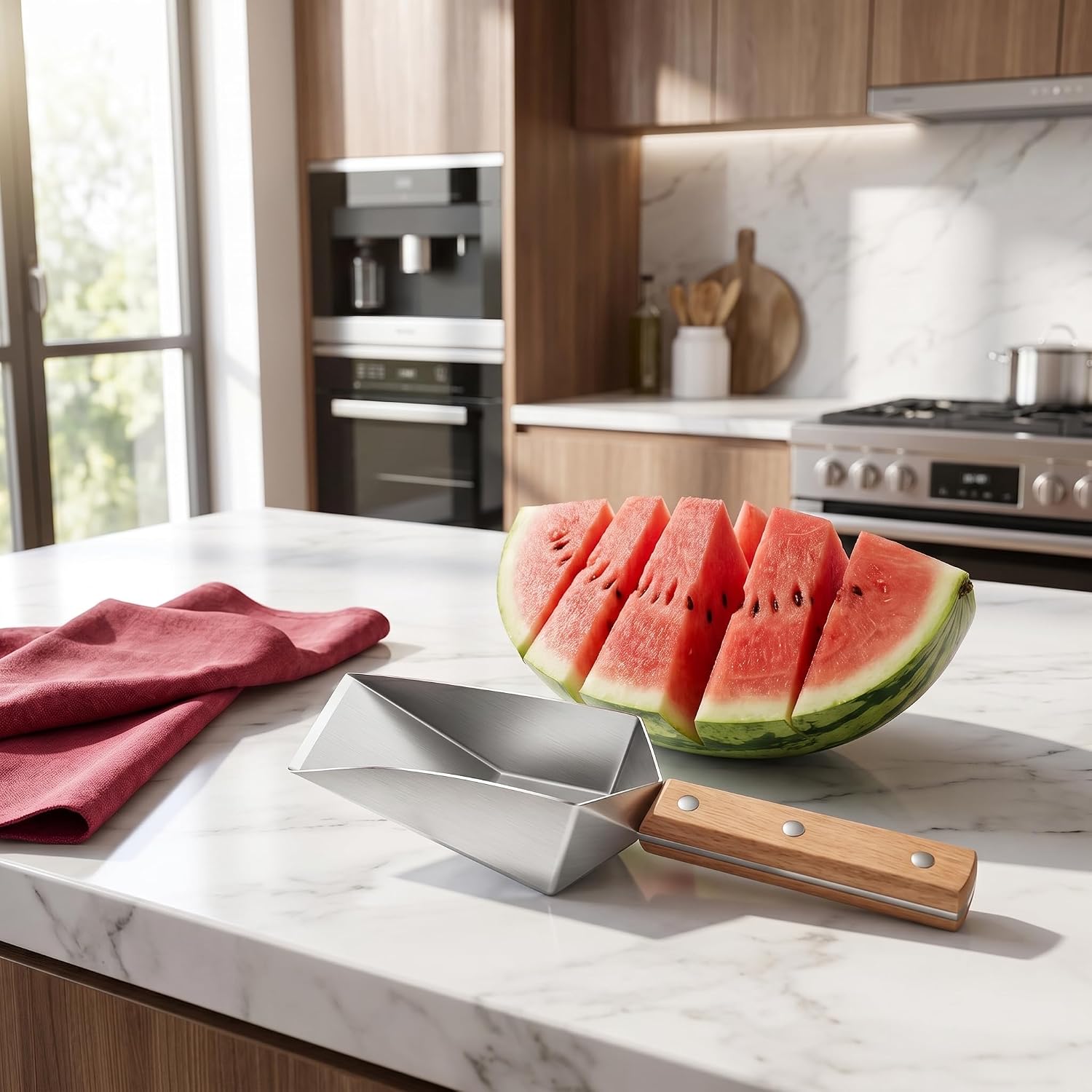 Watermelon Slicer, Stainless Steel Triangle Cutter with Wooden Handle, for Watermelon, Cantaloupe, Apples, and More (1, Watermelon Knife + Sugarcane Knife)