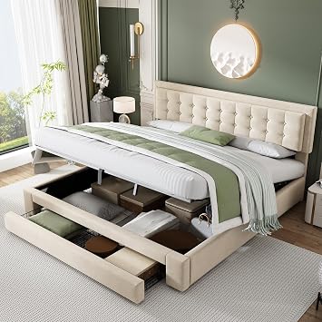 5ft Upholstered King Size Bed Frame 150x200 cm with Hydraulic Storage and Headboard, Ottoman Bed King Size with Slatted Frame and Drawers, Hydraulic Beds, Velvet, Cream, No Mattress