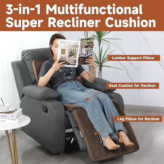 HOMBYS 3-in-1 Recliner Seat Cushion with Lumbar Support Pillow & Footrest, Multi-Functional Adjustable Height 2 to 6 for You to Choose, Non-Slip Foam Chair Cushion for Elderly, Brown