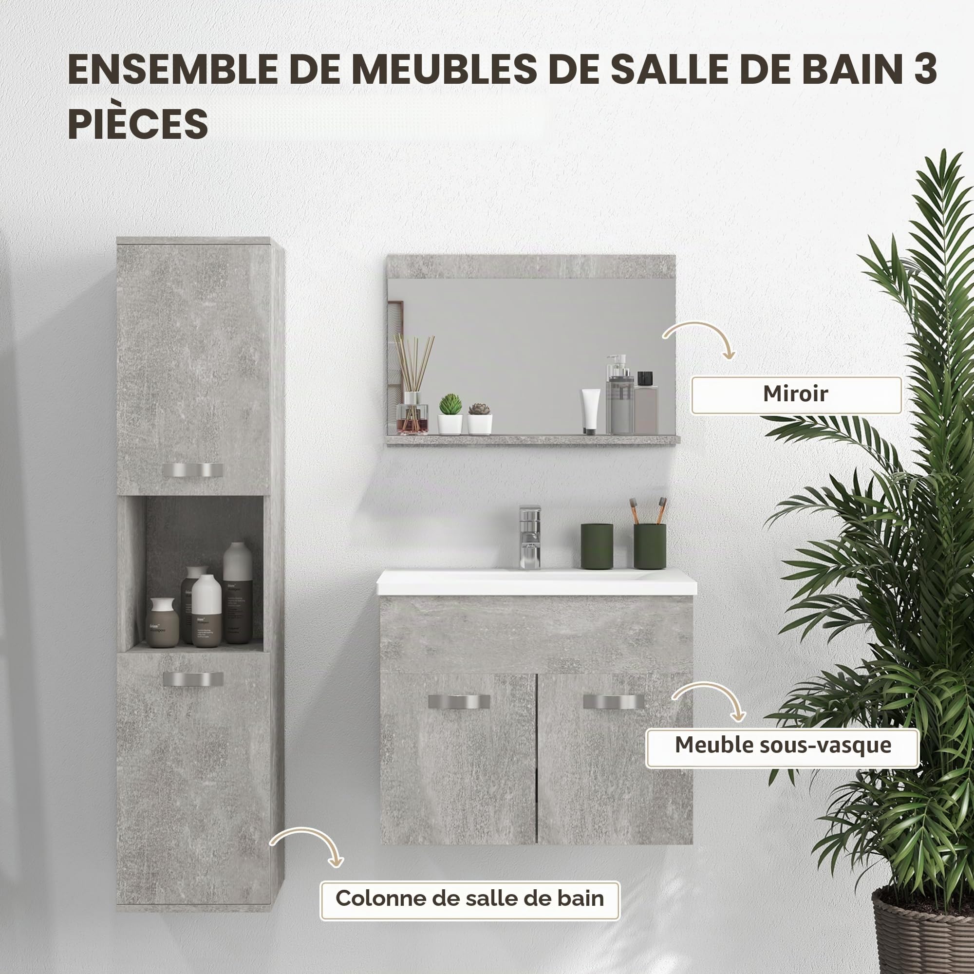 kleankin Ensemble de Meubles de Salle de Bain 4 pièces, Montage Mural, avec Miroir, Meuble sous Vasque, lavabo en céramique et Armoire Colonne Haute, étagères réglables, Style Moderne, Gris