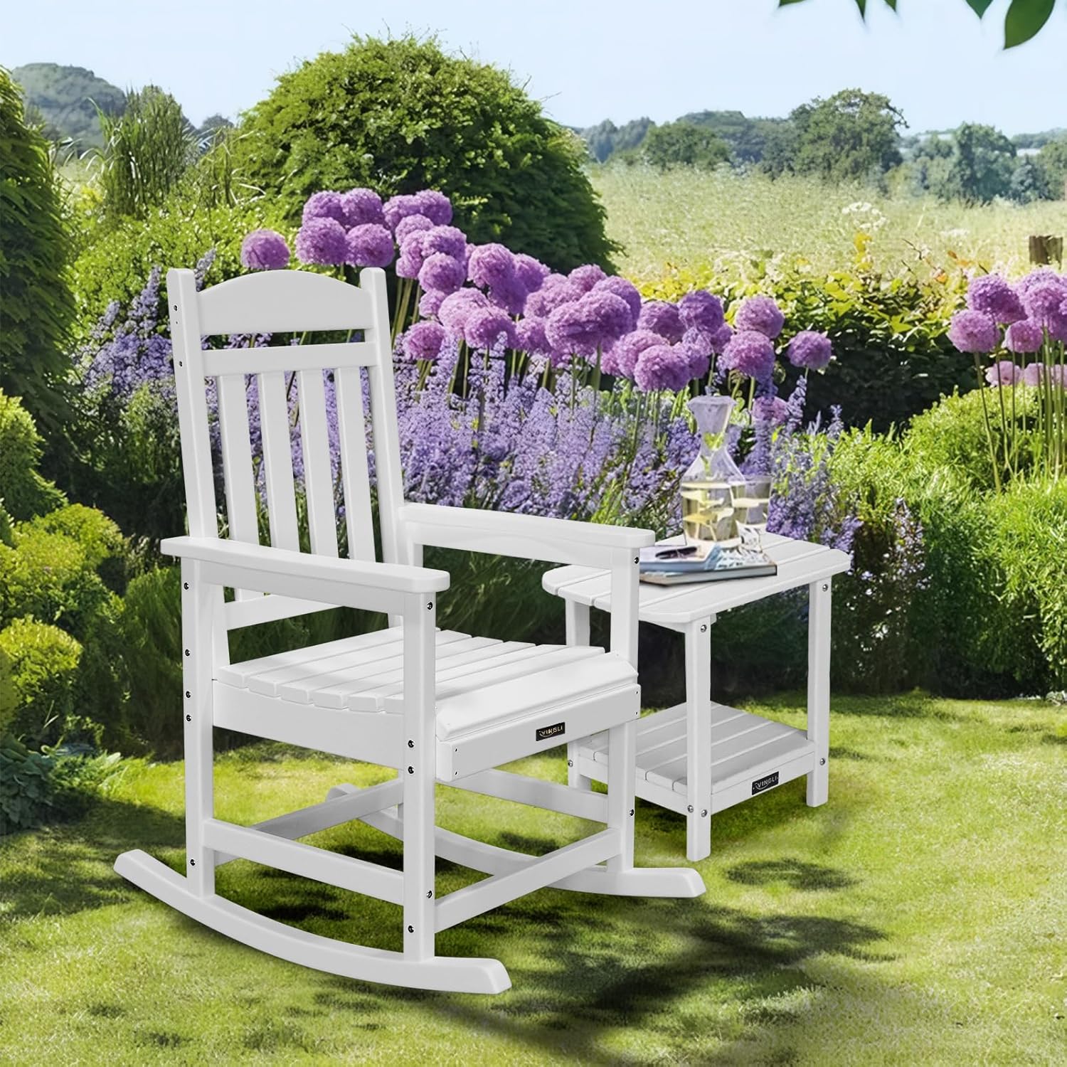 VINGLI Outdoor Rocking Chair, HDPE Rocking Chair with Higher Backrest, Patio Rocker with Ergonomic Design, All Weather Rocking Bench for Garden, Yard, Balcony, White