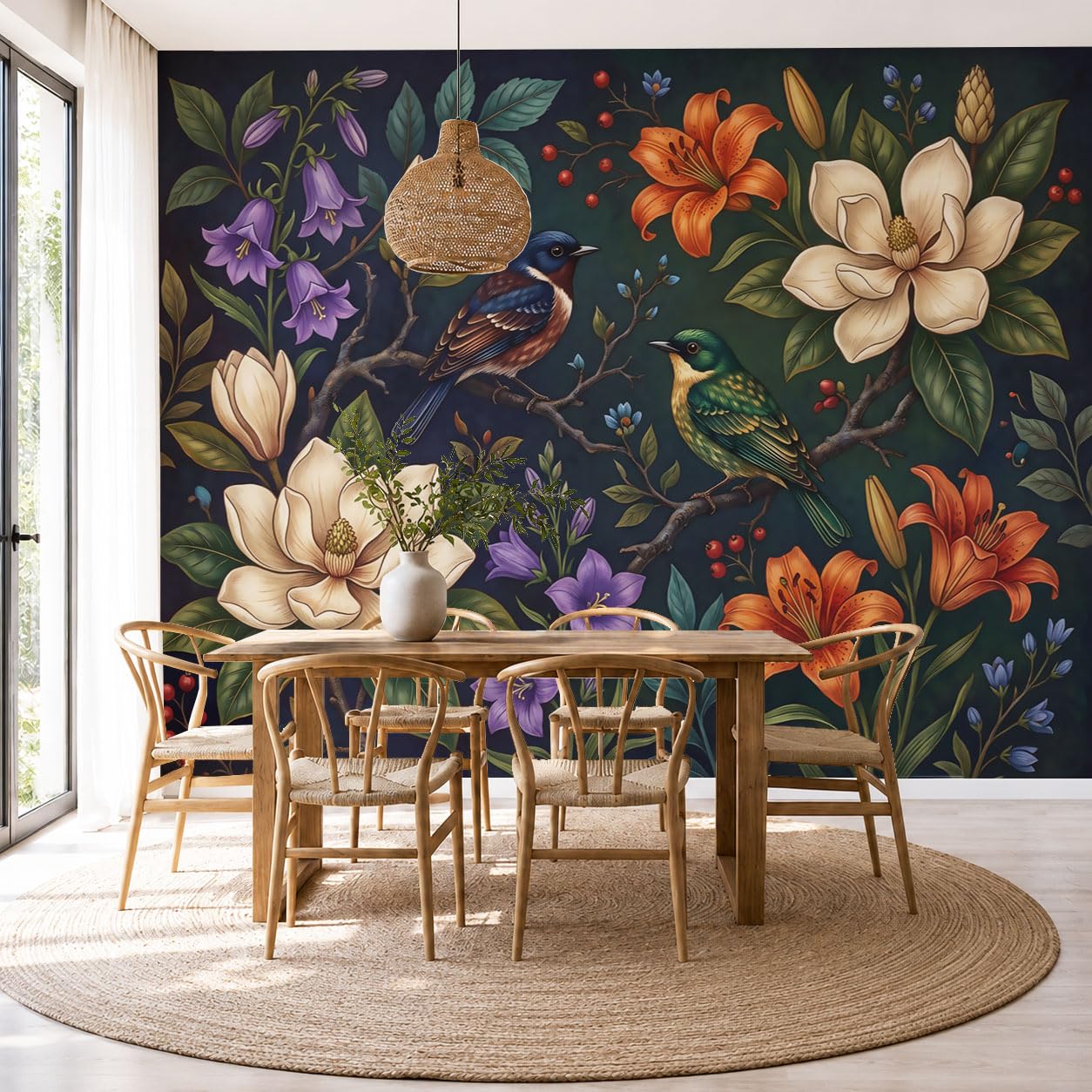 Carta Da Parati pianta scura, Moda XXL Design Uccello del giglio magnolia Fotomurali in Seta 400x280cm Moderna Decorazione da Parete per Camera da Letto Soggiorno Verde scuro