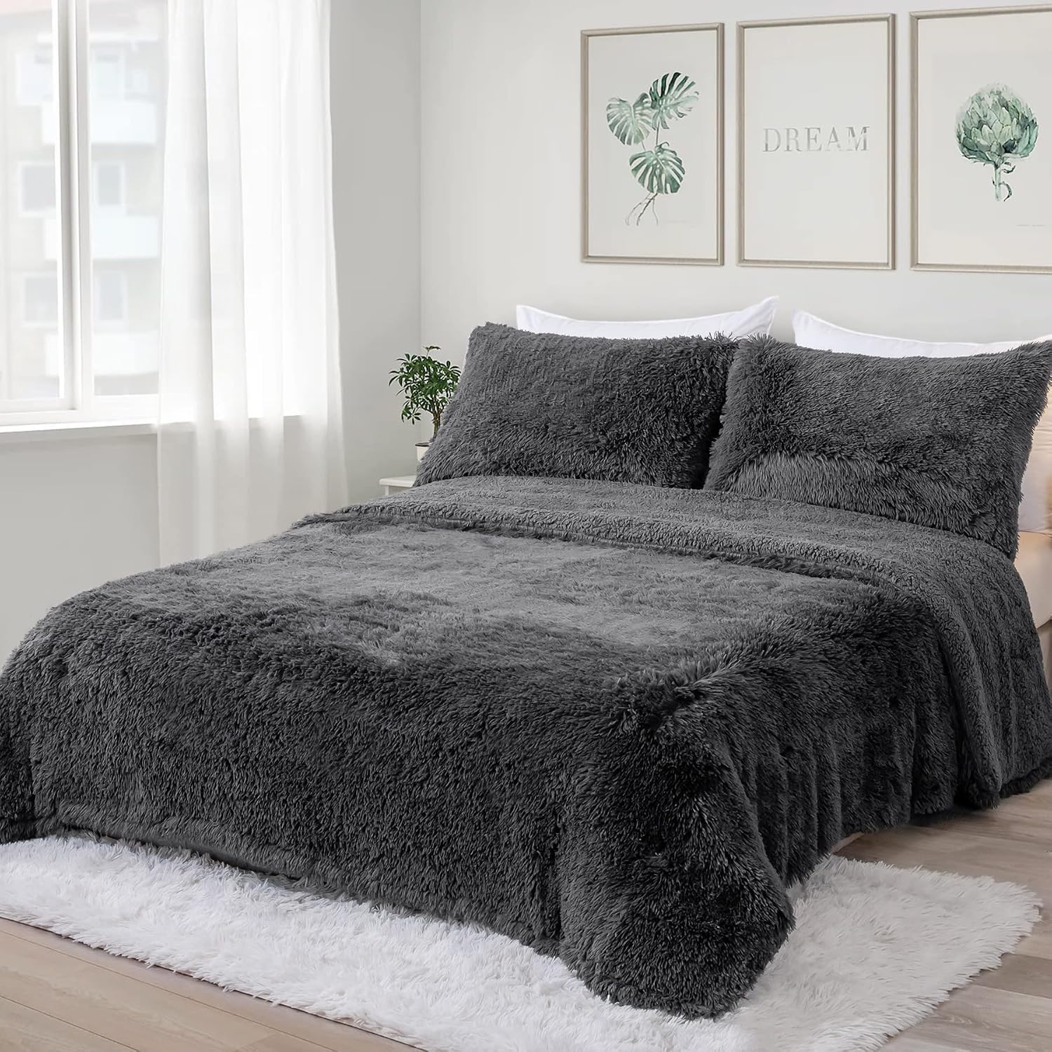 Uttermara Twin Comforter Set, 3 Pieces Shaggy Faux Fur & Sherpa Reverse Comforter with 2 Pillowcase, Super Cozy Luxury Warm Sherpa Bedding Comforter Set Twin Full Size, 68" x 88", Dark Grey