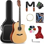 CAHAYA Acoustic Guitar Beginner Kit - 41in Adult All Wood Starter Set Includes with Thickened Gig Bag Capo Pickguard Strings Picks Strap for Kids Teenager Students Natural