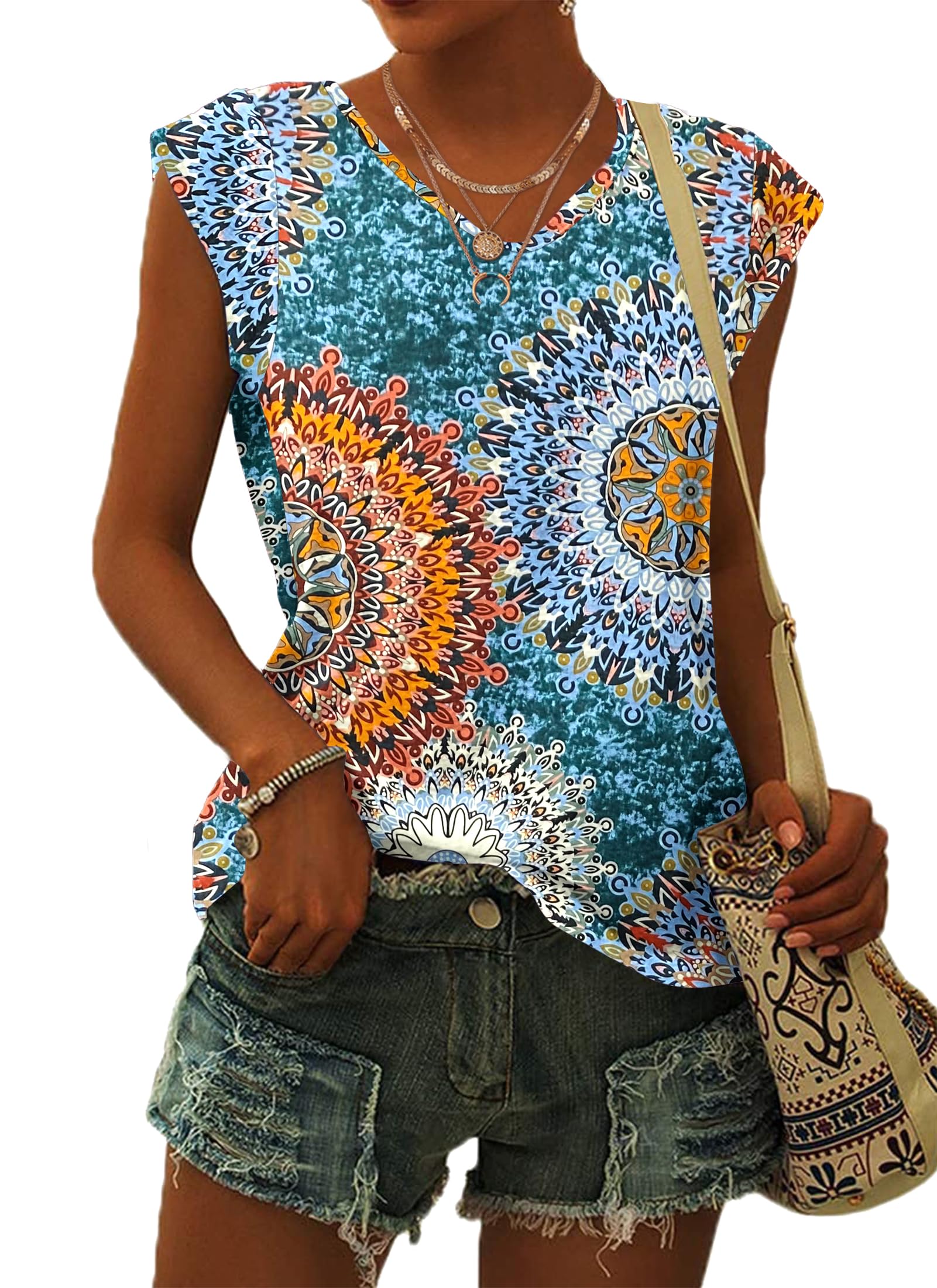 WNEEDU Women Tops Summer T-Shirts for Women UK V Neck Cap Sleeve Ladies Summer Tank Tops Blouses Print Green XXL