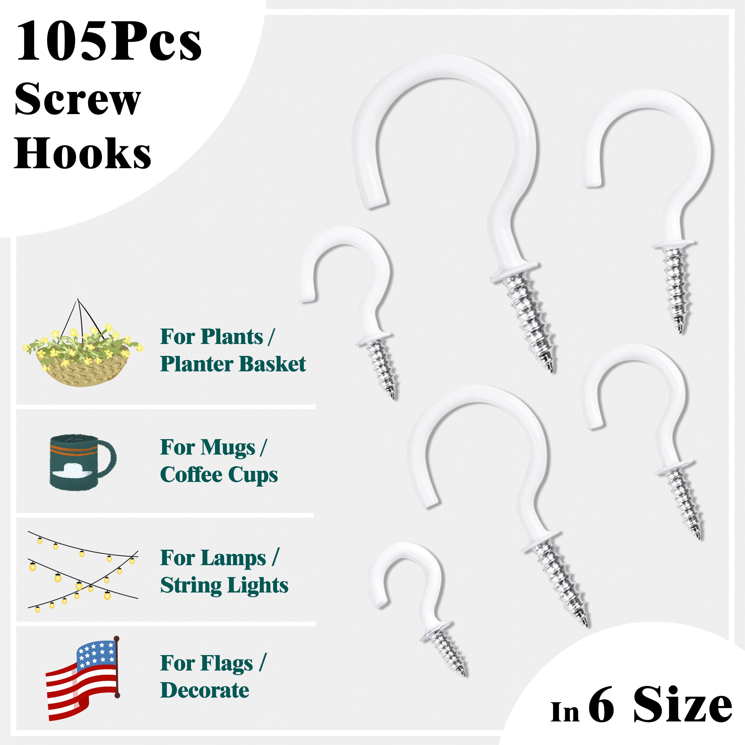 EIENHOSHI 105 ganchos de tornillo, 6 tamaños de ganchos blancos, ganchos de rosca para colgar, gancho de taza de metal atornillado (1/2 pulgada, 5/8 pulgadas, 3/4 pulgadas, 7/8 pulgadas, 1 pulgada, 1