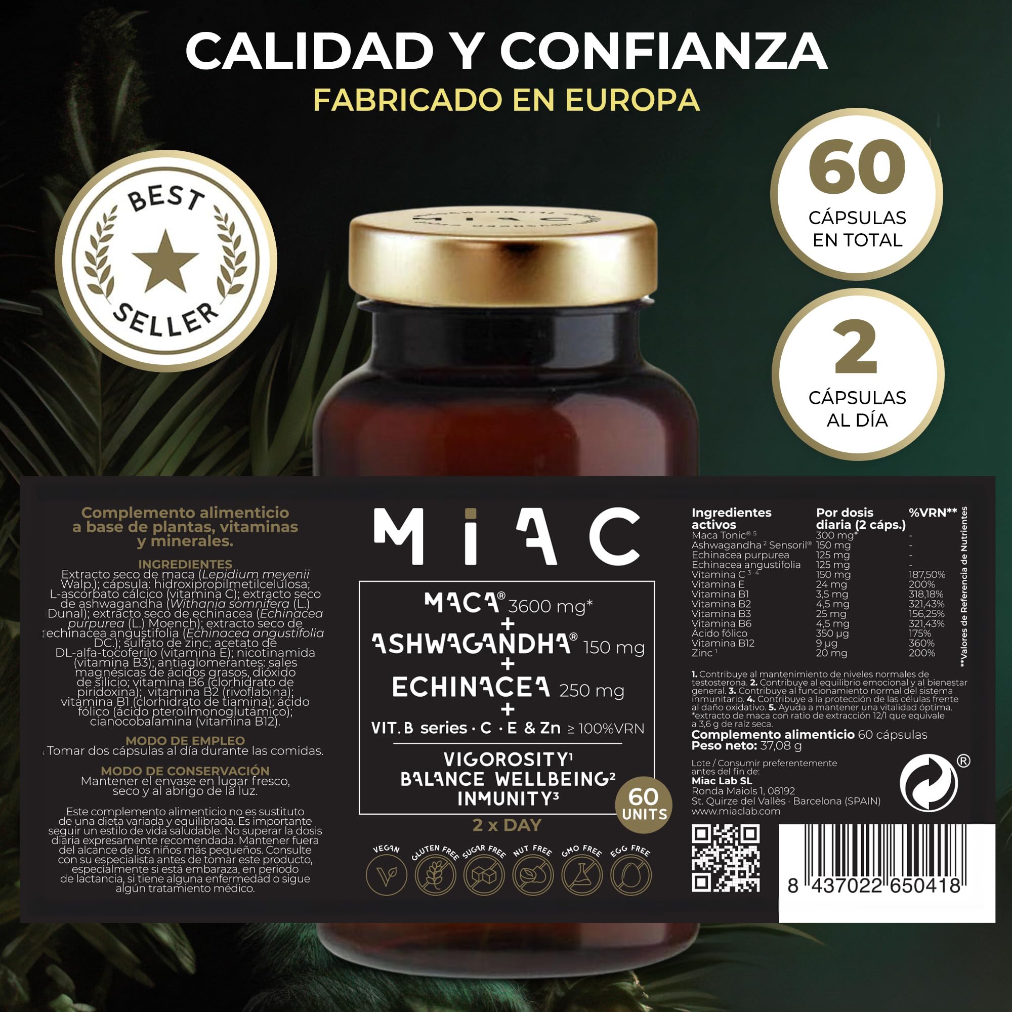 MIAC Maca + Ashwagandha Sensoril™ + Echinacea. Energía, Bienestar e Inmunidad con Vitaminas y Adaptógenos. 60 Cápsulas Veganas, Sin Gluten ni OGM