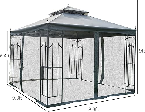 Miniatura 5 de Outsunny Cenador de patio de 10 x 10 pies con estantes de esquina, toldo de doble techo para exteriores con malla para patio, boda, catering y