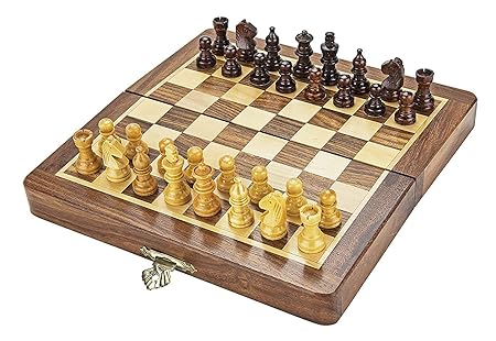 Chessncrafts 7 Inch Wooden Magnetic Travel Chess Set With Staunton Pieces, Folding Game Board.