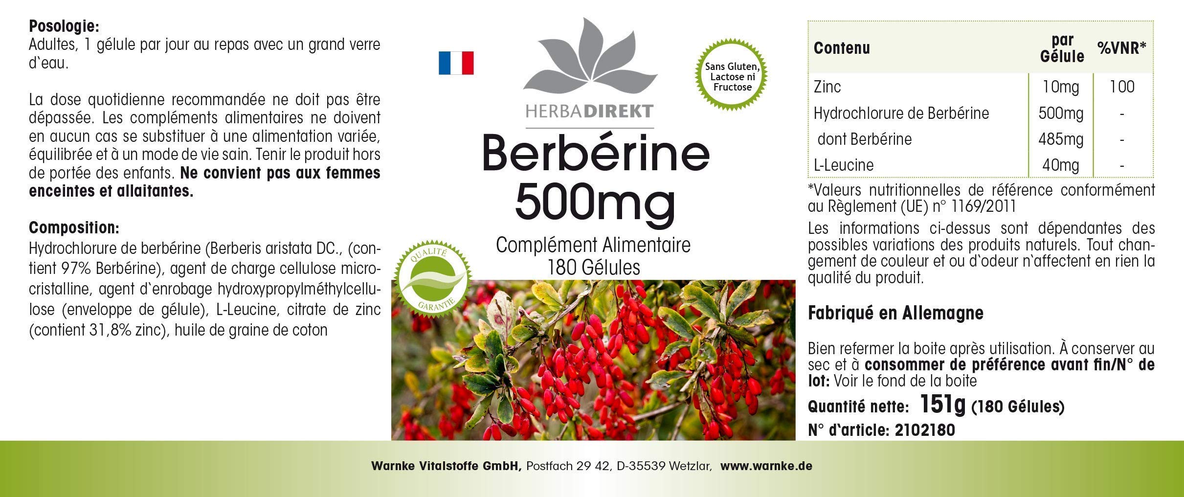 Berberina HCl 500mg + Zinco - altamente dosata - vegana - 180 capsule | HERBADIREKT by Warnke Vitalstoffe - Qualità da farmacia tedesca