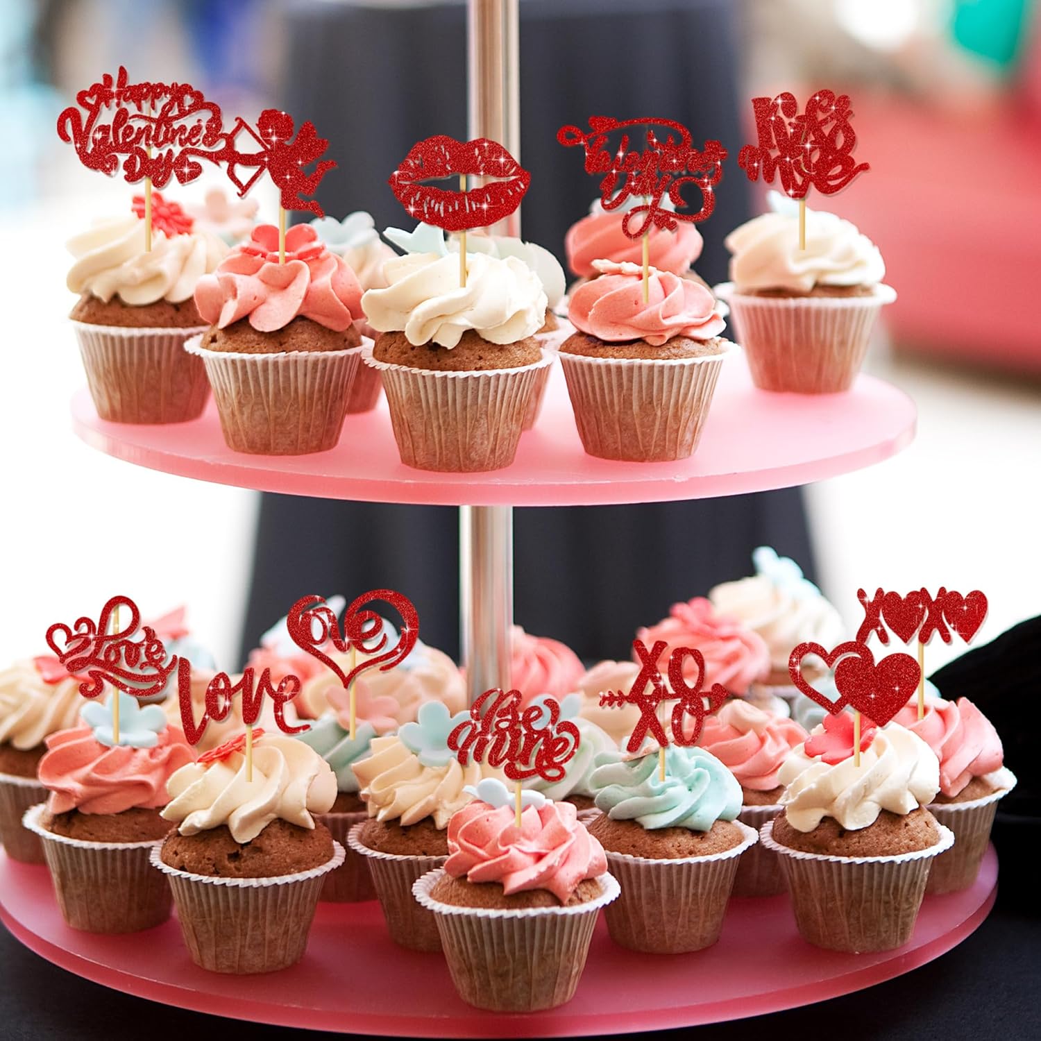 BEISHIDA 12pcs Happy Valentine's Day Cupcake Toppers Red Glitter Cupcake Decorations Love XOXO Kiss Me Be My Valentine Picks for Valentine's Day Wedding Anniversary Engagement Cake Supplies