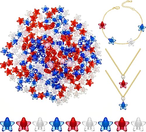 600 cuentas patrióticas de estrella acrílica para el 4 de julio de 0.433 in, azul, blanco, rojo, estrella del Día de la Independencia, cuentas para