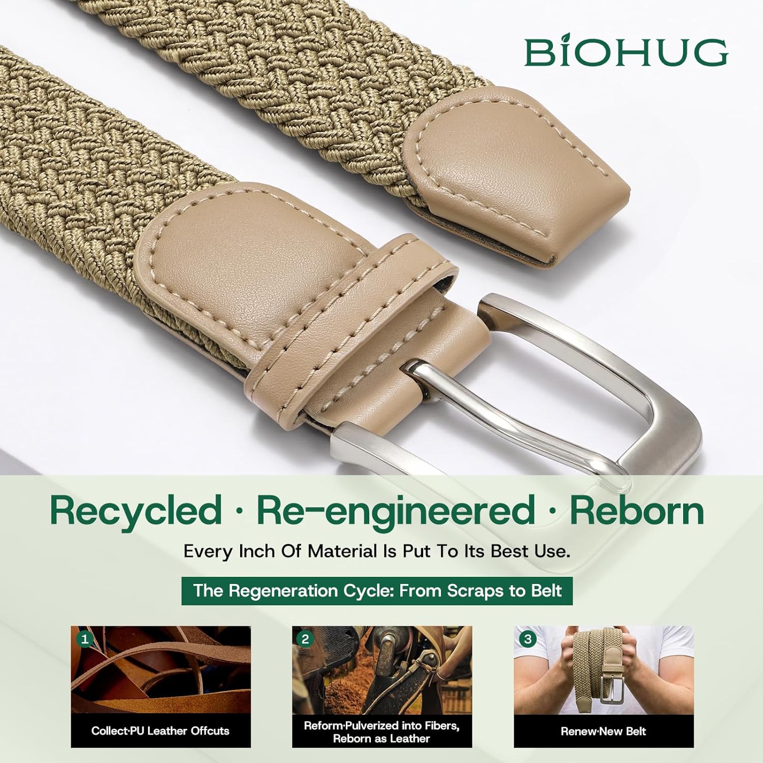 Men's Elastic Braided Belt Eco-Friendly Recycled Fabric Stretch Woven Belt for Jeans Pants Golf Belt 1.34" Width