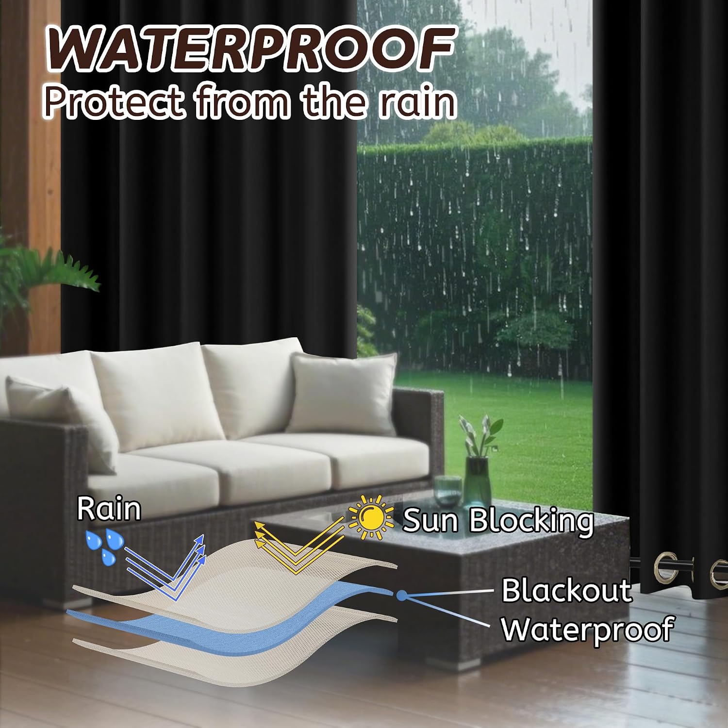 Arfntevss Outdoor Curtains for Patio Waterproof 2 Panels Blackout Extra Wide Curtains with Zipper Top & Bottom Grommet Sun Blocking Outdoor Privacy Drape for Gazebo Porch Pergola (110x96, Black)