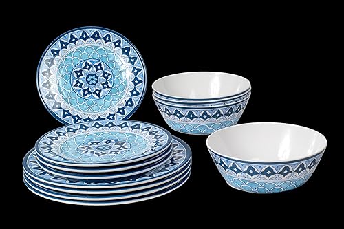 Abode Homewares By Tarhong Blue Fontana - Juego de vajilla de melamina de 12 piezas, 4 platos llanos, 4 platos de ensalada, 4 cuencos, apto para
