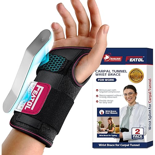 FEATOL 2 Pack Carpal Tunnel Wrist Brace For Work With Wrist Splint, 6.5'' Wrist Brace Night Support For Women Men, Pain Relief For Tendonitis, Arthritis, Pregnancy, Typing, Right and Left Hand, Medium