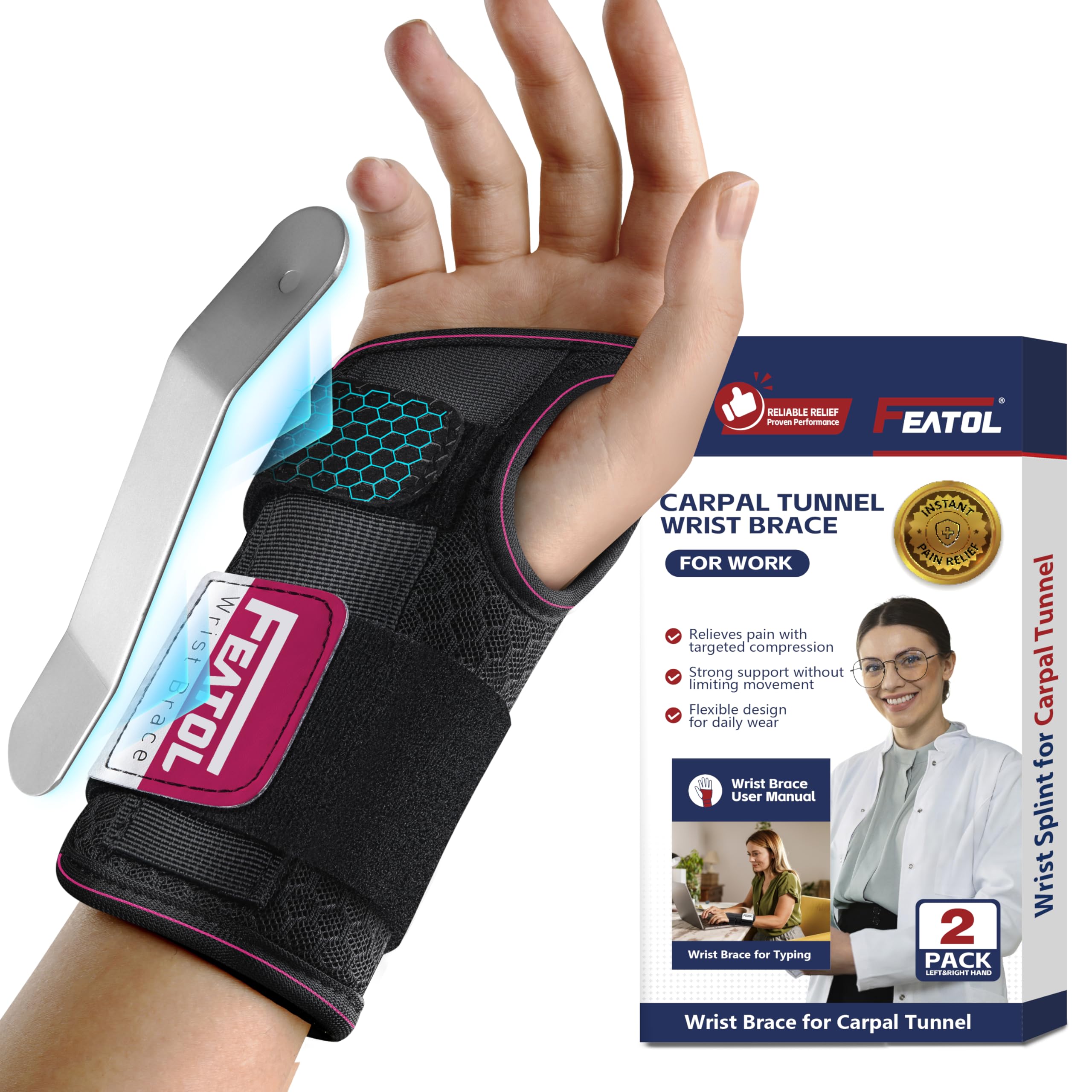 FEATOL 2 Pack Carpal Tunnel Wrist Brace For Work With Wrist Splint, 6.5'' Wrist Brace Night Support For Women Men, Pain Relief For Tendonitis,