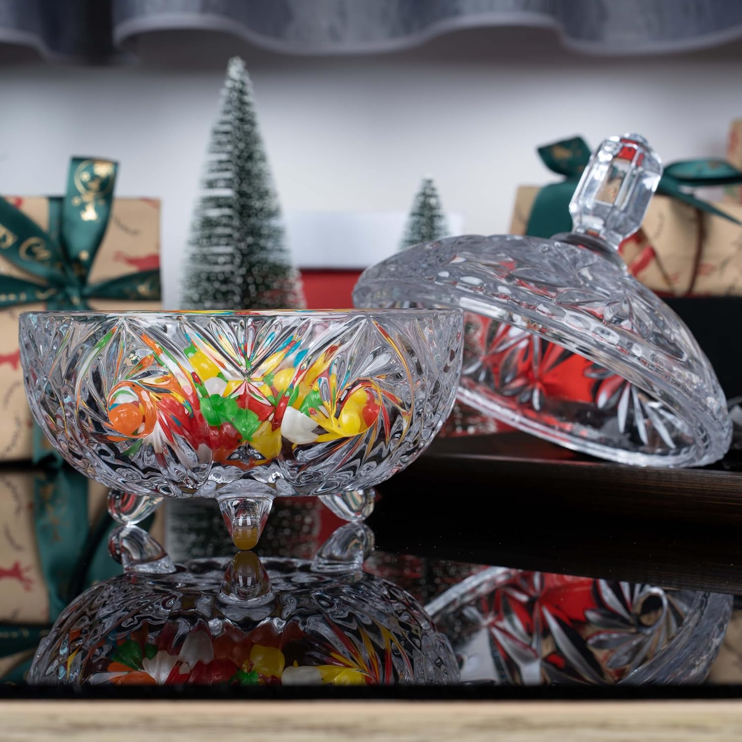 Cystone 27oz Large Glass Candy Dish with Lid, Crystal Candy Bowl, Embossed Decorative Storage Jar for Office Desk, Jewelry Box, Biscuit, Christmas, Wedding, Birthday Gift - Image 7