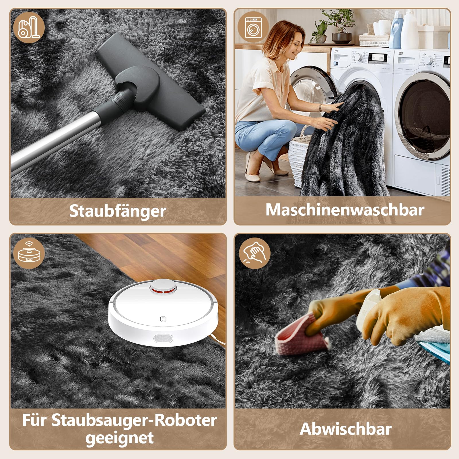 Teppich Wohnzimmer 200 x 300 cm: Hochflor Teppich Grau | Flauschiger Shaggy Teppich, Waschbar & Rutschhemmend, Weicher Polyester Teppiches für Schlafzimmer, Kinderzimmer