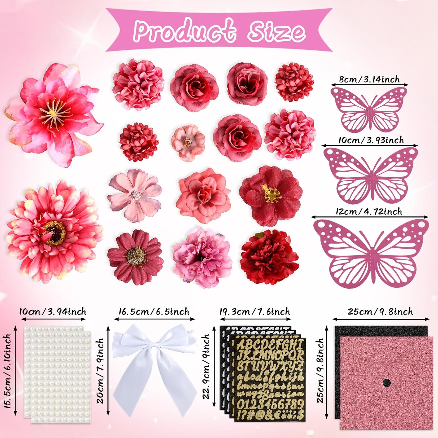 55 Pcs Rose Red DIY Graduation Cap Decorations Faux Assorted Flowers White Bows 3D Butterfly Stickers Glitter Alphabet Letter Number Decals for DIY Hat Grad Cap Topper Graduation Party Supplies