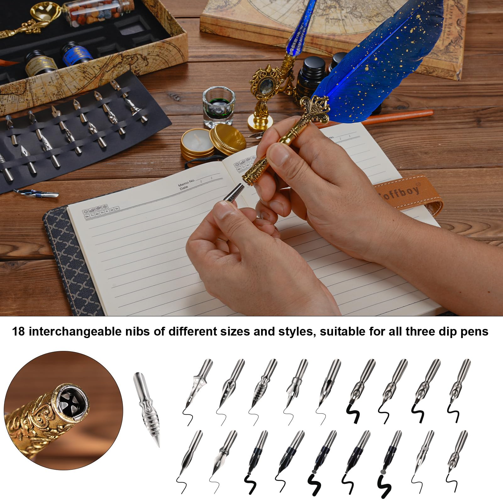 RoseFlower Stylo Dip à Plume Set, Stylo à Encre Rétro, Rétro Plume d'Oie Stylo de Calligraphi, Ensemble de Stylo Plume Antique pour Ecriture et Cadeau