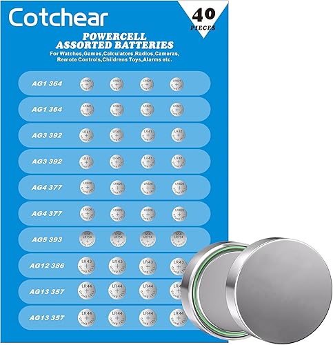 Cotchear 40 pilas alcalinas surtidas de 1.5 voltios AG1/LR621 AG3/LR41 AG4/LR626 AG5/LR754 AG12/LR43 AG13/LR44 Juego de baterías de monedas 0%