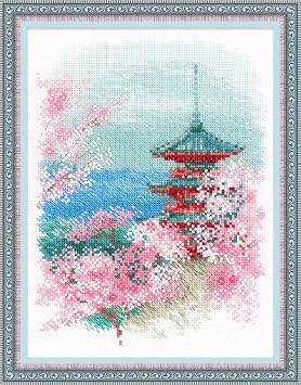RIOLIS - Sakura. Pagoda 1743, Cross Stitch Kits 7,09" x 9,45", Cross Stitch Kits for Beginners & Advanced, Crossstitching Kit Adult, Embroidery Counted Stitching Kit