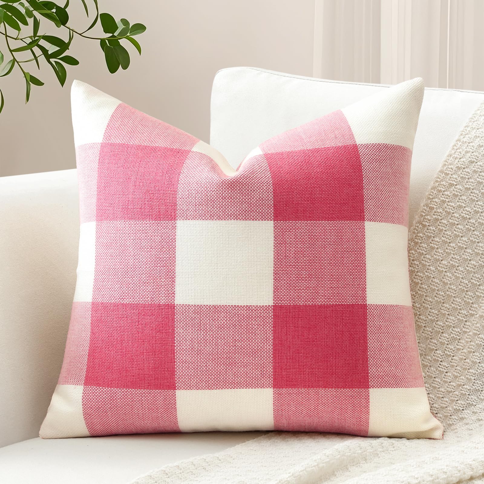 Sungeek Set of 1 Buffalo Check Decorative Cushion Cover 50 x 50cm Linen Plaid Farmhouse Pillow Cover Tartan Square Throw Pillow Case for Sofa Couch Bed Patio 20x20 Inch, Pink