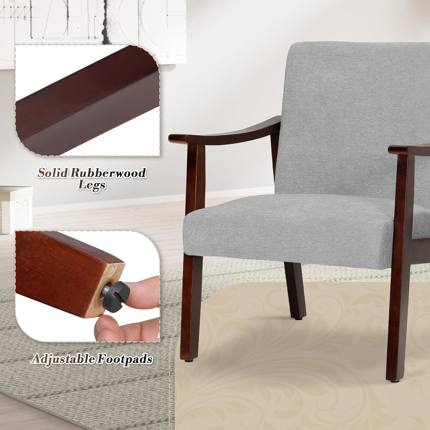 Athena Collection Mid Century Modern Accent Chairs, Linen Fabric Reading Arm Chairs for Adults with Wooden Armrest and Legs, Comfy Upholstered Armchairs for Living Room, Bedroom, Office, Grey
