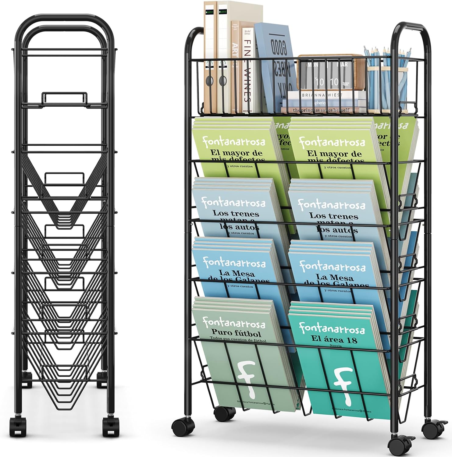 Amazon.com: TOOLF 5 Tier Mobile Bookshelf, Metal Rolling Book Cart with ...