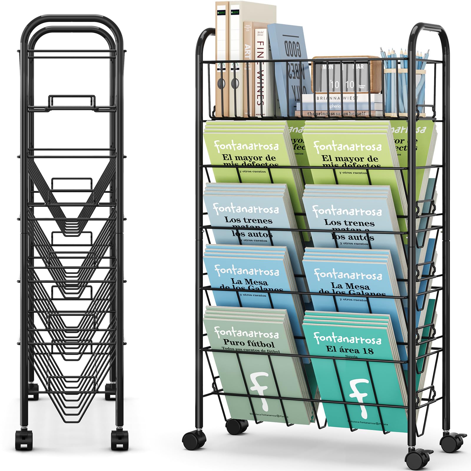 TOOLF 5 Tier Mobile Bookshelf, Metal Rolling Book Cart with Wheels, Movable Book Storage Organization for Classroom Dorm School Home, Rolling File Cart for Office Study, Black