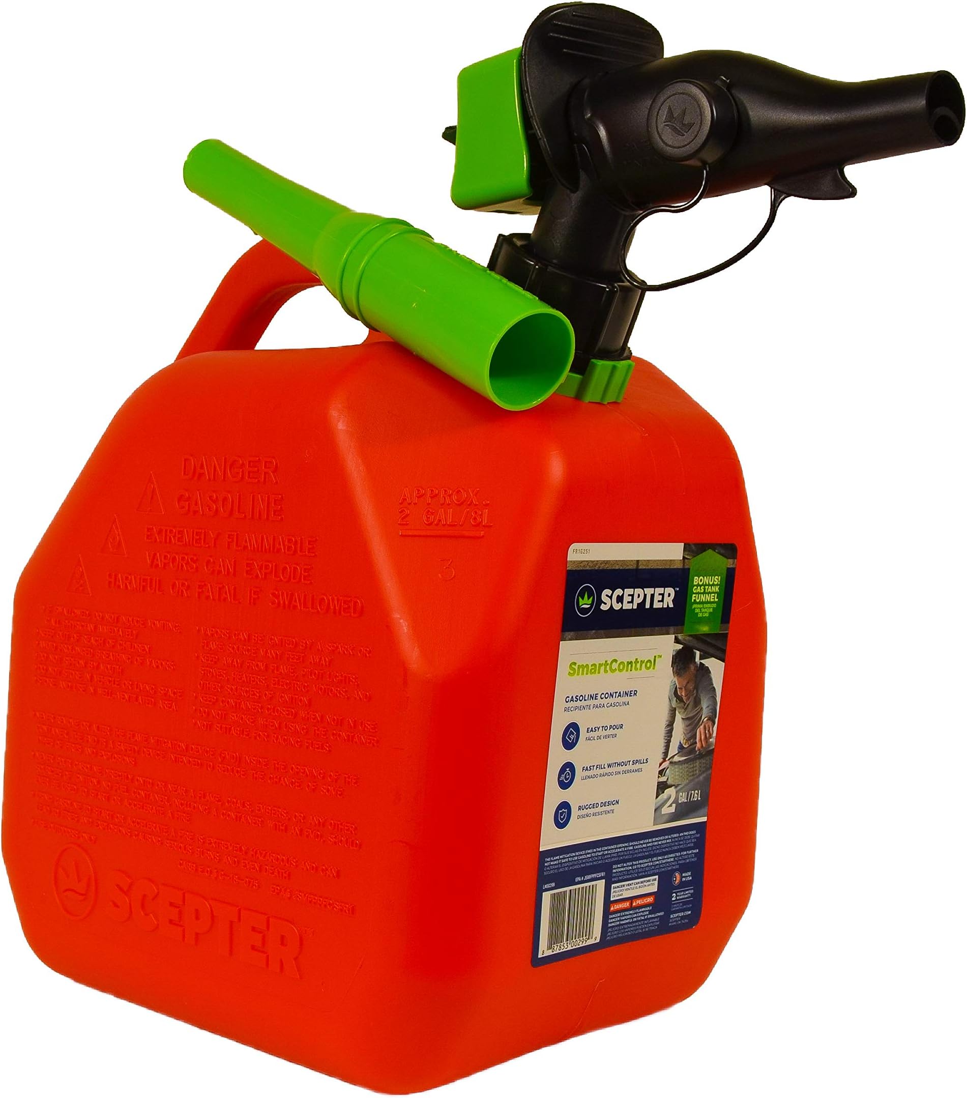 Scepter FR1G252 Fuel Container with Spill Proof Smart Control Spout with Bonus Spout Extender, Red Gas Can, 2 Gallon