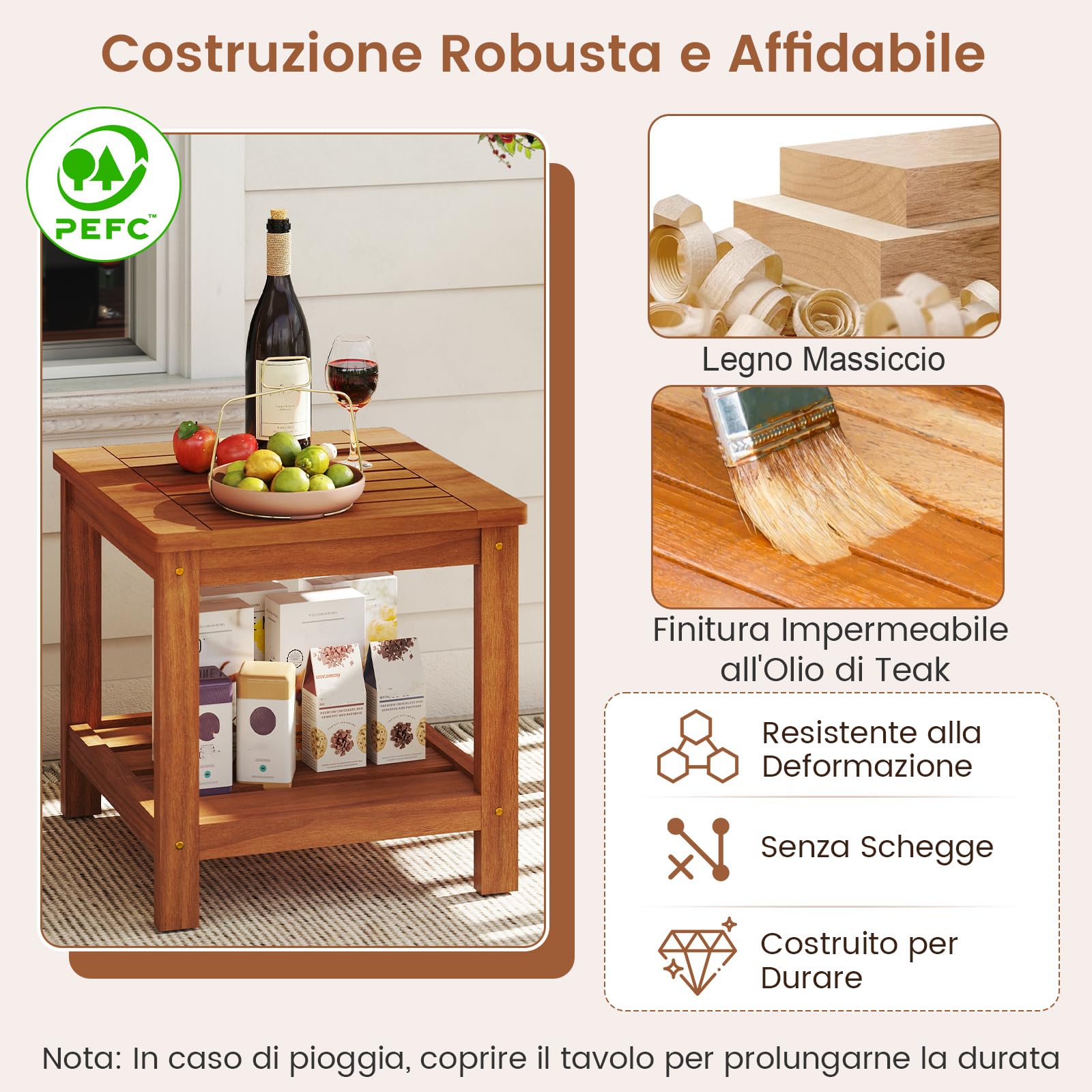 COSTWAY Tavolino Laterale da Esterno a 2 Livelli, Tavolino da Caffè in Legno Massello con Ripiano Portaoggetti, Tavolo Quadrato in Stile Rustico per Patio, Giardino, Veranda e Soggiorno