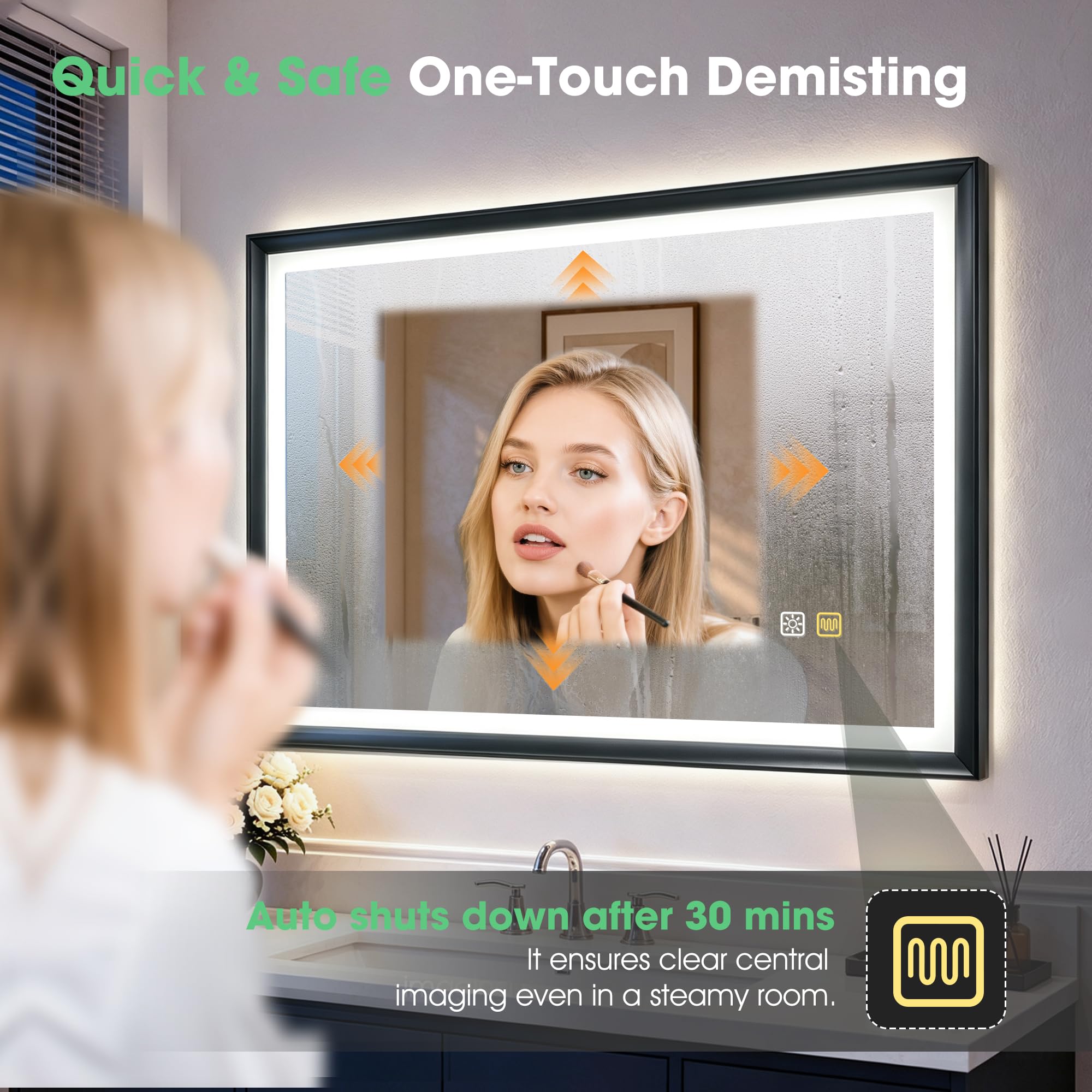 S'bagno Badspiegel mit Beleuchtung 70x50cm, Schwarzer Rahmen | LED Badezimmerspiegel mit Anti-Beschlag, 3 Farben, Dimmbar, Memory, ESG-Glas, CRI>90, IP44, Horizontal/Vertikal