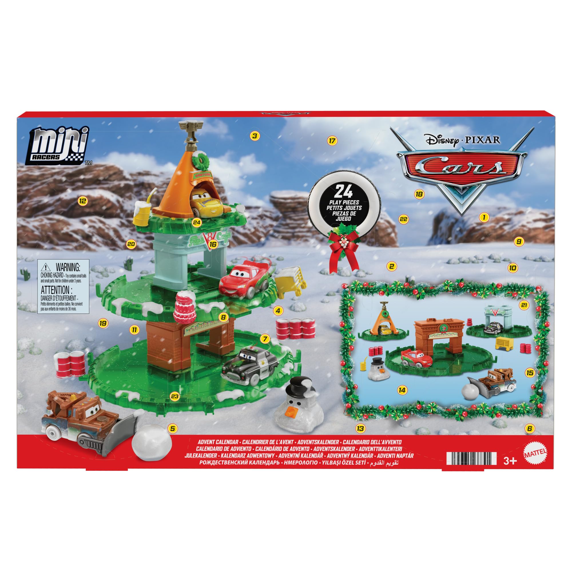 Mattel CARS - Calendario dell'Avvento Cars Minis, 24 sorprese a tema natalizio tra cui 4 macchinine, personaggi, pista modulabile e accessori per le feste, giocattolo per bambini, 3+ anni, HXT34