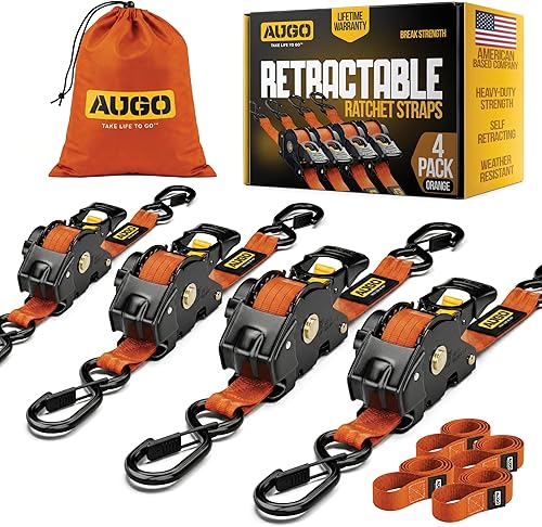 Vista 18 de AUGO Correas de trinquete retráctiles 4 correas de trinquete de servicio pesado autoretráctiles correas de amarre con bucles suaves y bolsa