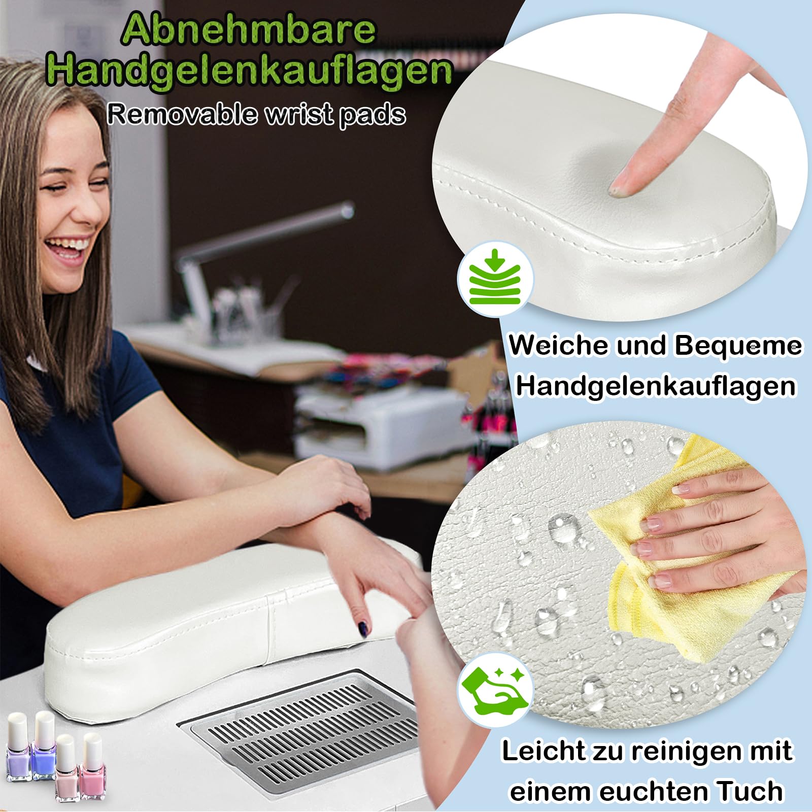 Mesa de manicura con aspiradora, color blanco, mesa de manicura, plegable, con aspiradora de uñas, ruedas y cojín para la muñeca, para la extracción de polvo, salón de uñas, 90 x 37 x 77 cm