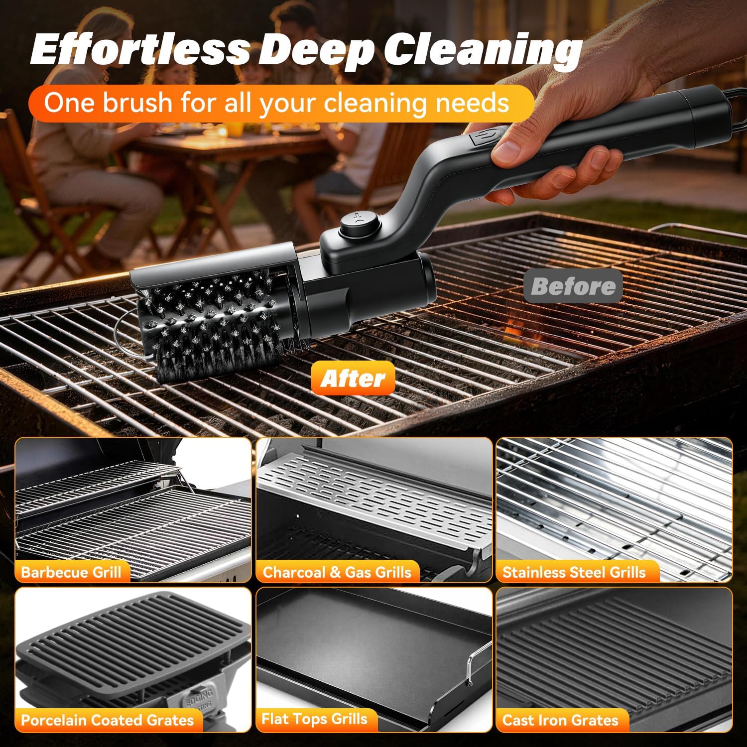 Elektrische Grillbürste, Kabelloser Grillreiniger Elektrisch mit 3 Reinigungsstufen, 180 Min Laufzeit, 180° Winkel, USB-C Wiederaufladbar, 2 Bürstenköpfe für Grillrost, BBQ und Outdoor Grill