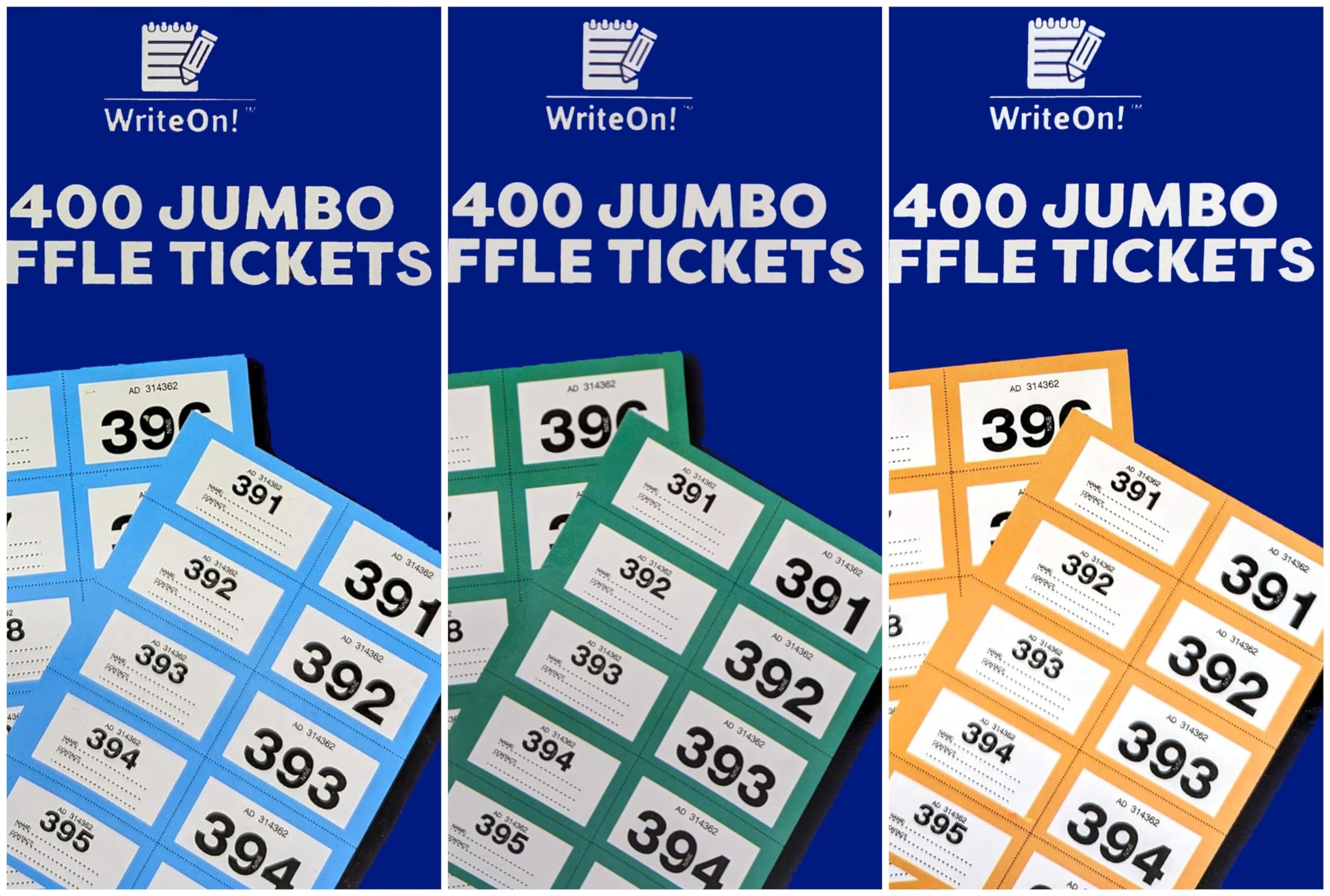 YLAB (3 Pack) 400 Jumbo Raffle Tickets – Extra Large Cloakroom Ticket Books – Numbered 1–400 – Blue, Green & Orange – Perforated with Contact Stub – Ideal for Events, Fundraisers & Prize Draws