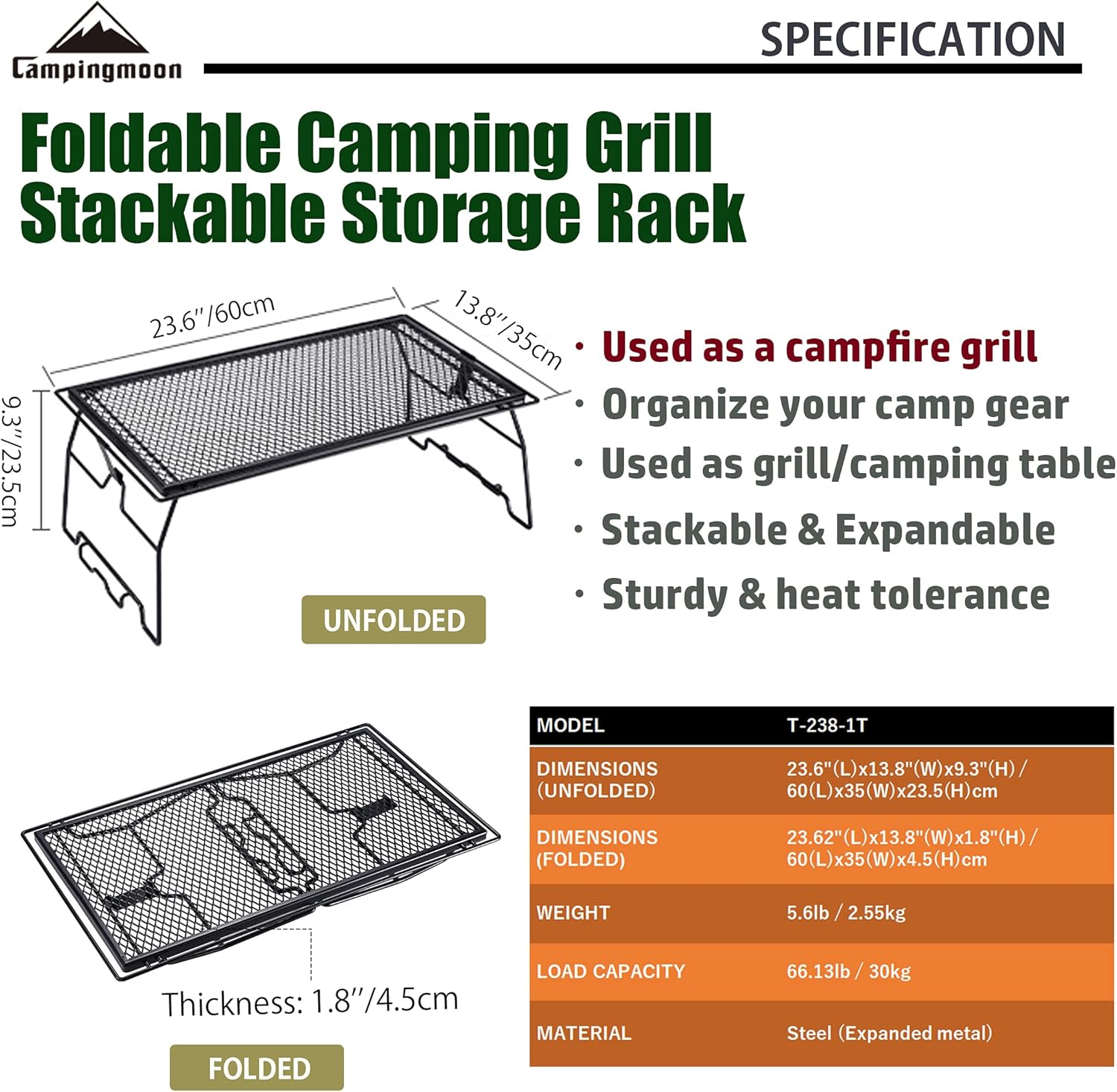 CAMPINGMOON Campfire Grill Storage Rack Camping Grill Steel Foldable Stackable T-238