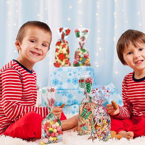 Miniatura 3 de Outus 165 bolsas de celofán de Navidad, bonitas bolsas de celofán de Navidad, bolsas transparentes para violonchelo, bolsas de galletas con 200