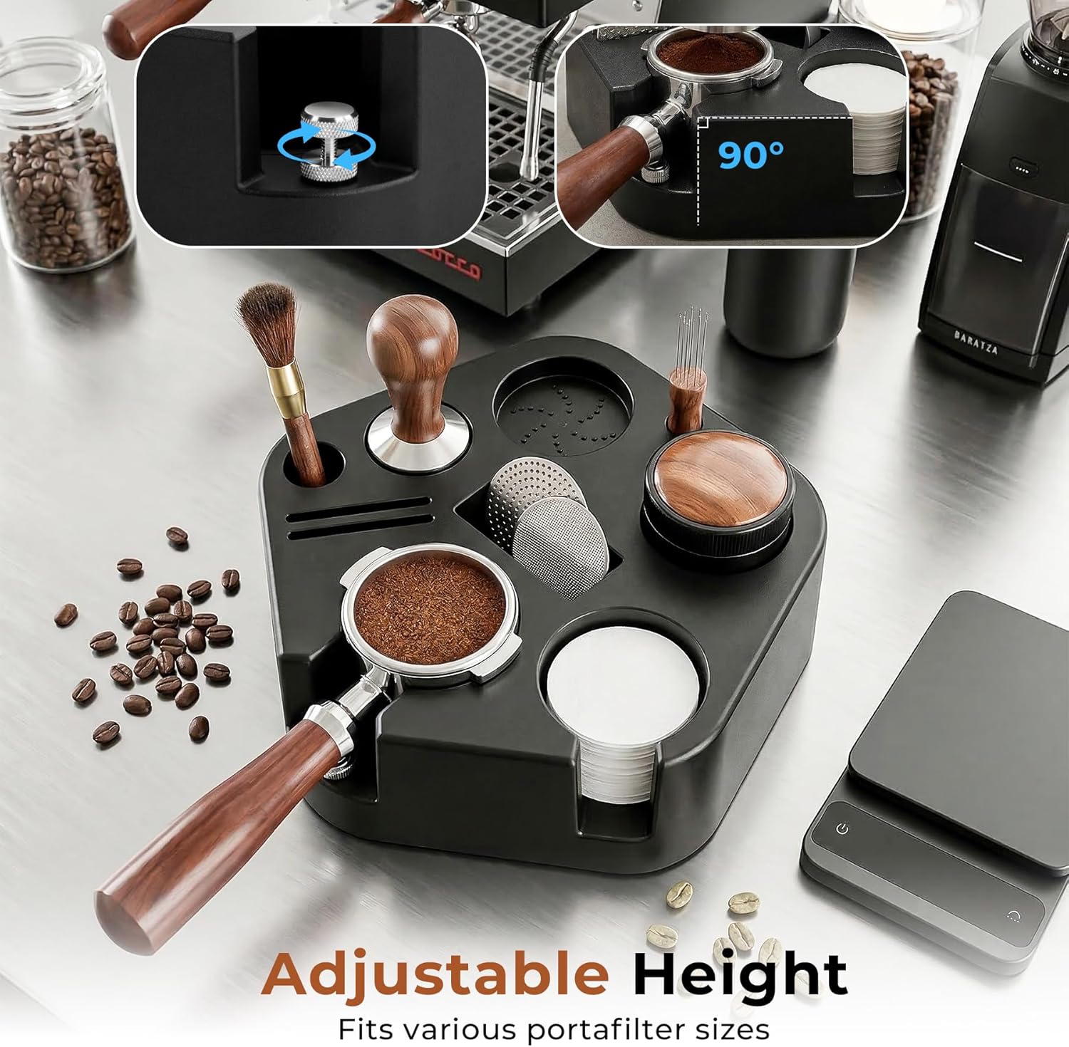 9-in-1 Espresso Organizer Station, Height Adjustable Tamping Station Fits 51/54/58mm Portafilter, ABS Plastic Espresso Tool Organizer & Accessories Holder for Tamper, Distributor, WDT