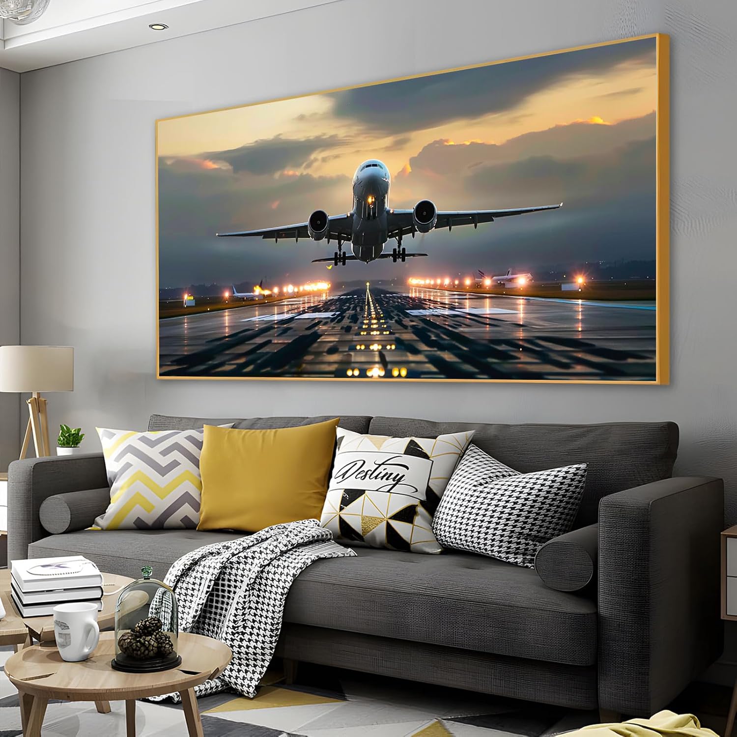 Airplane Canvas Wall Art, Taking Off, Aircraft, Aviation, Airport, Airplane Pictures, Home Office Decor, Pilot Gift (Gold Frame, 39″x19″ | 100x50cm)