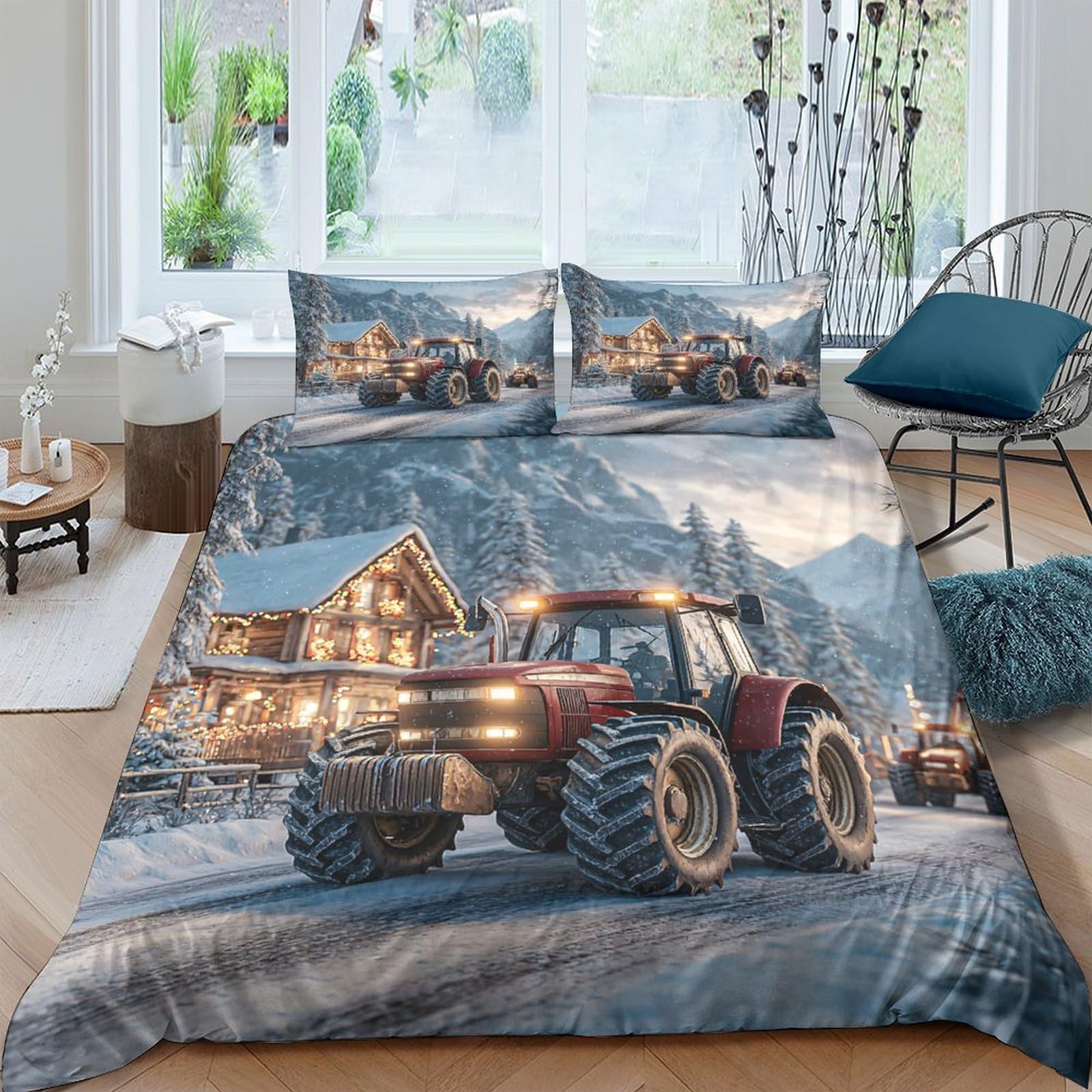Ctjqhvkz Style-6 3D Printed Mountain Cabin Fitted Sheet Microfiber Scenic Tractor Bed Cover For Bedroom Dorm Mattress Protection Decor Single（135X200cm）